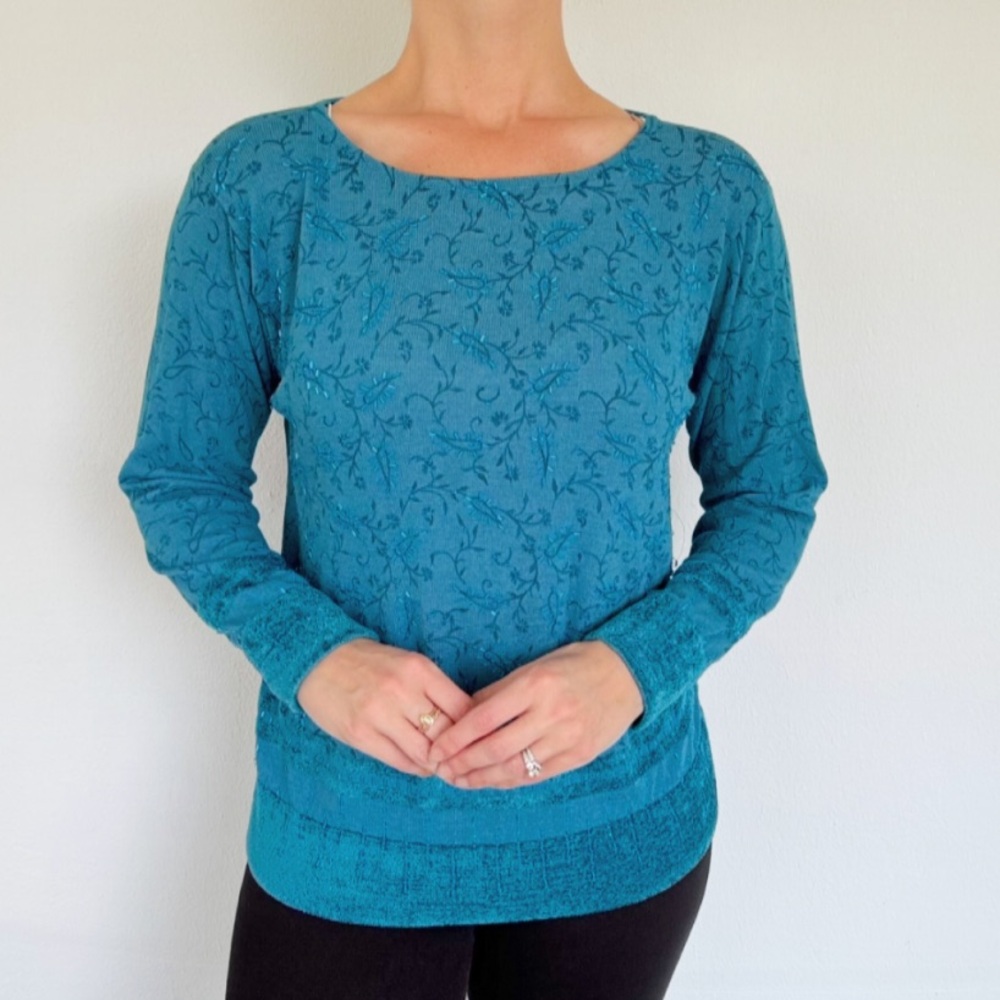 Vintage Robert Scott blue embroidered beaded floral velour trim blouse medium